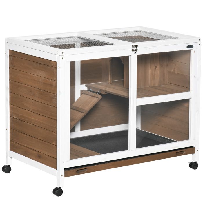 Cage à lapin sur roulettes - PawHut - en bois massif - 2 étages - toit ouvrant - plates-formes - marron Cage à lapin sur roulettes - PawHut - en bois massif - 2 étages - toit ouvrant - plates-formes - marron